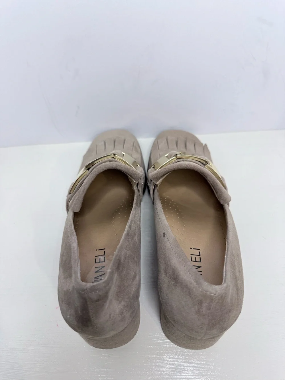 Vaneli Taupe Suede Fringe Loafers with Gold Hardware Block Heel 7.5